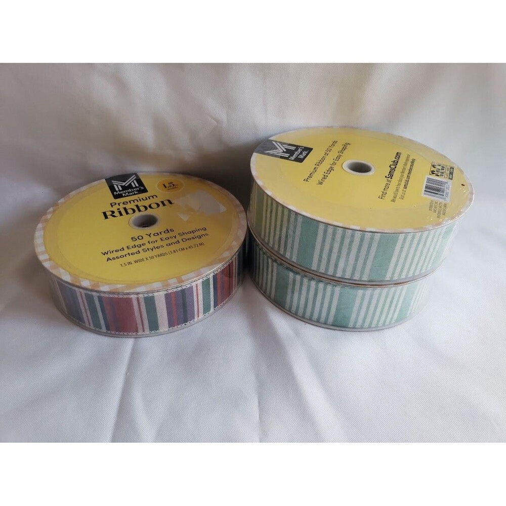 Members Mark Premium Ribbon Wired Edge - Striped - 50 Yards Each - QTY 3 Rolls